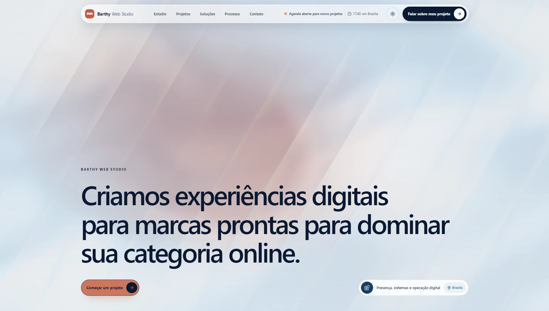 Interface da Barthy Web Studio V2 em modo claro — página inicial.