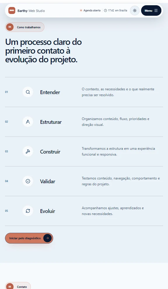Interface da Barthy Web Studio V2 em modo claro — processo em visualização mobile.