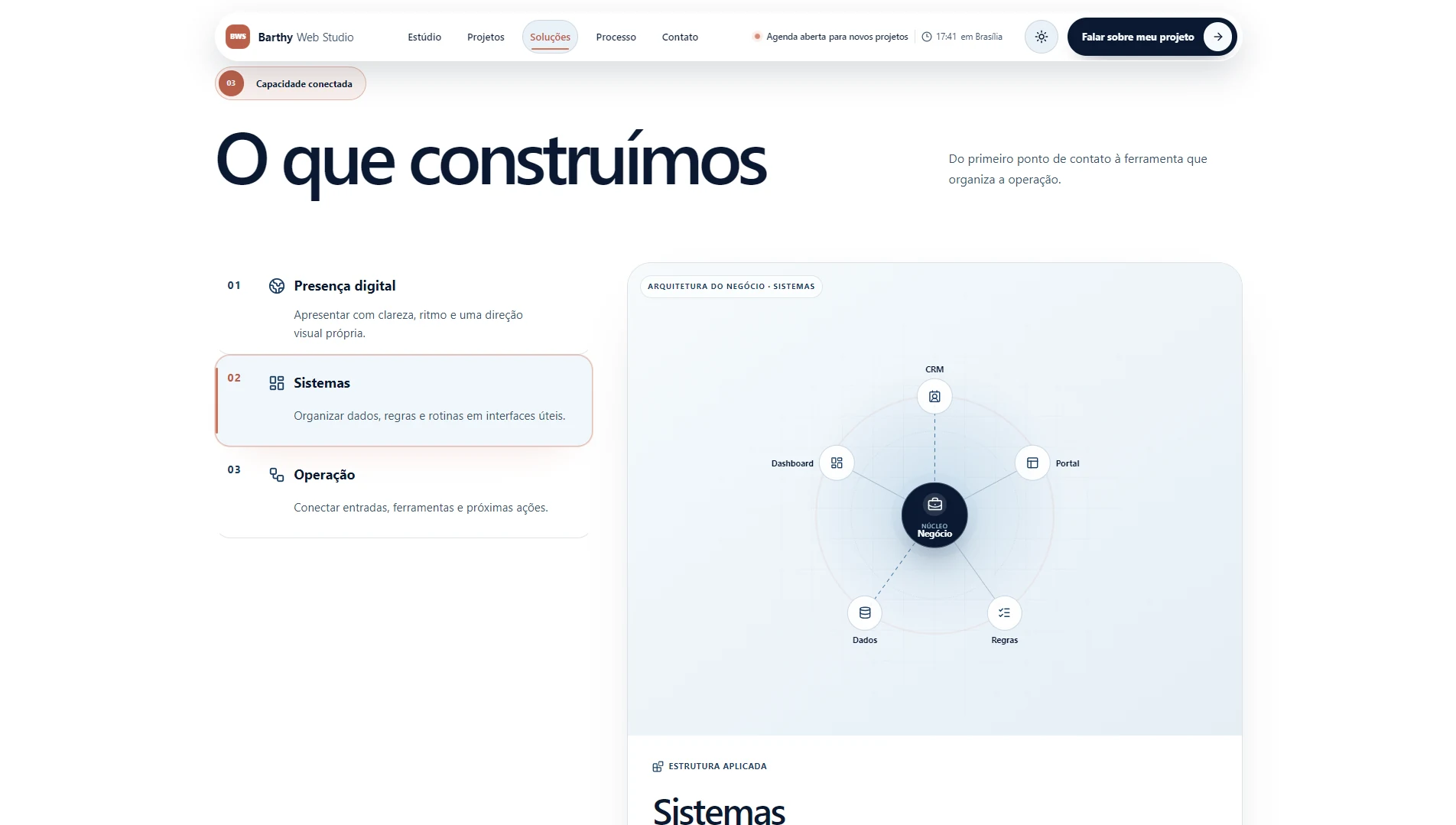 Interface da Barthy Web Studio V2 em modo claro — seção “O que construímos”.