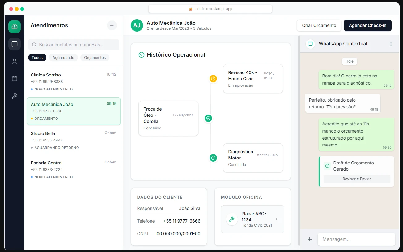 Tela oficial do Sistema Modular em tema claro, com atendimentos, histórico operacional, módulo oficina e WhatsApp contextual.